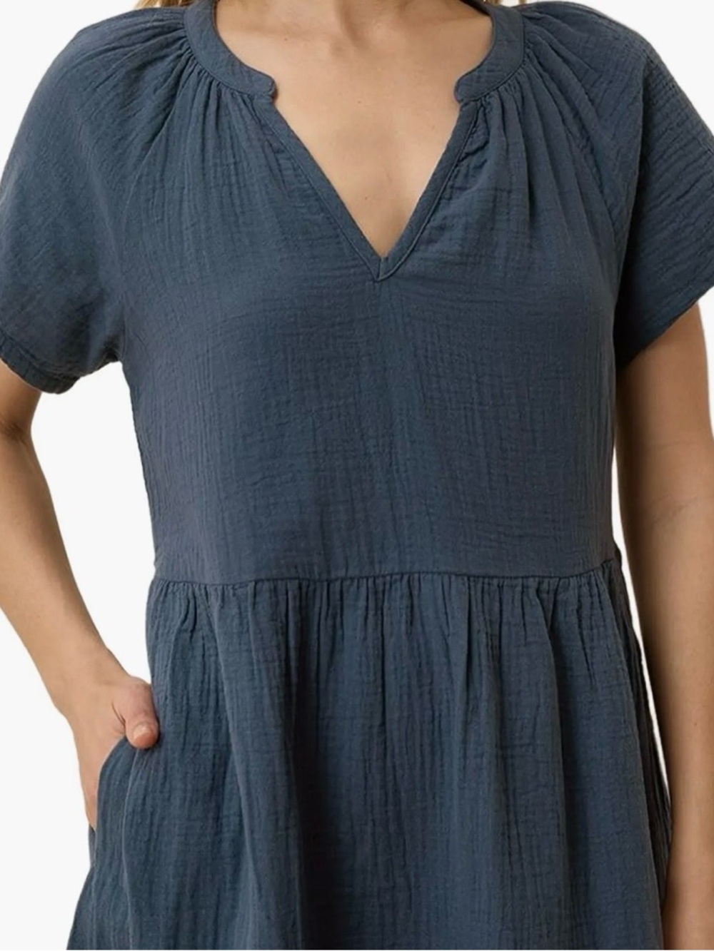 Pact Women's Slate Blue V-Neck Tiered Cotton Dress - Picture 3 of 7